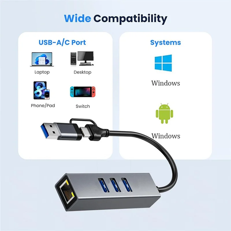 Concentrador USB 4 en 1 USB-A / Tipo-C a RJ45 Ethernet Gigabit 3x USB 3.0 5 Gbps para portátil