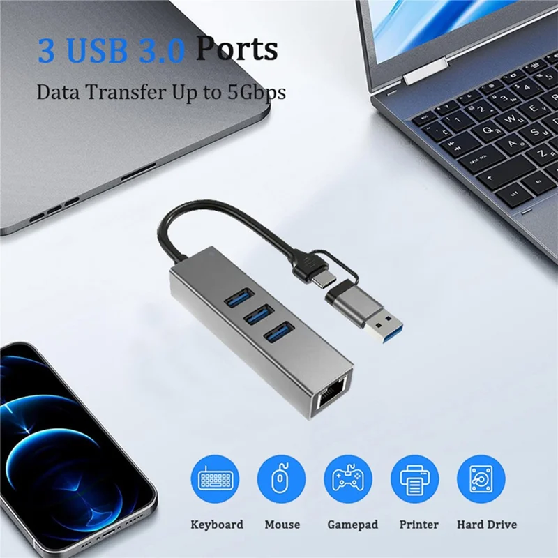 Concentrador USB 4 en 1 USB-A / Tipo-C a RJ45 Ethernet Gigabit 3x USB 3.0 5 Gbps para portátil