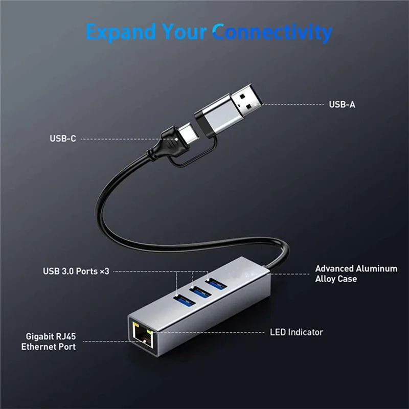 Concentrador USB 4 en 1 USB-A / Tipo-C a RJ45 Ethernet Gigabit 3x USB 3.0 5 Gbps para portátil