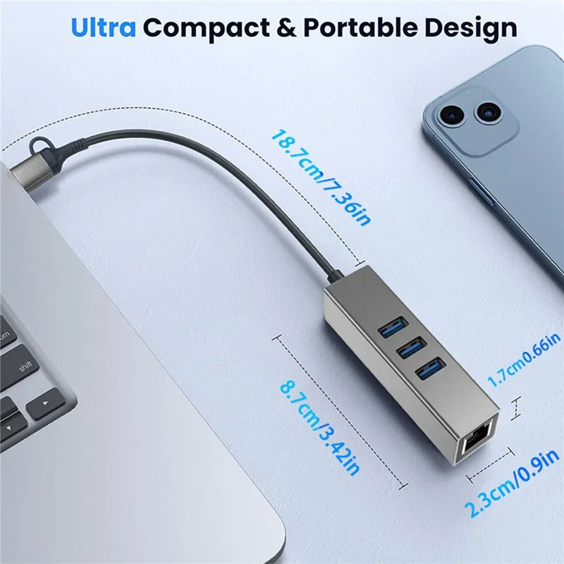 Concentrador USB 4 en 1 USB-A / Tipo-C a RJ45 Ethernet Gigabit 3x USB 3.0 5 Gbps para portátil