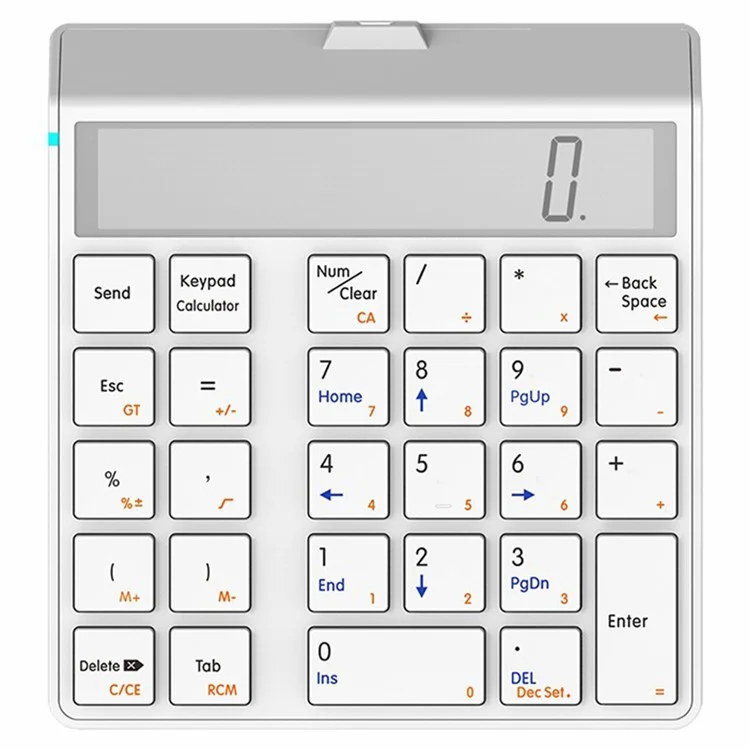 SUNREED KC9001S Wireless Numeric Keypad 12-Digit LCD Display 28-Keys Financial Accounting Rechargeable Number Keyboard for Laptop Desktop PC - White