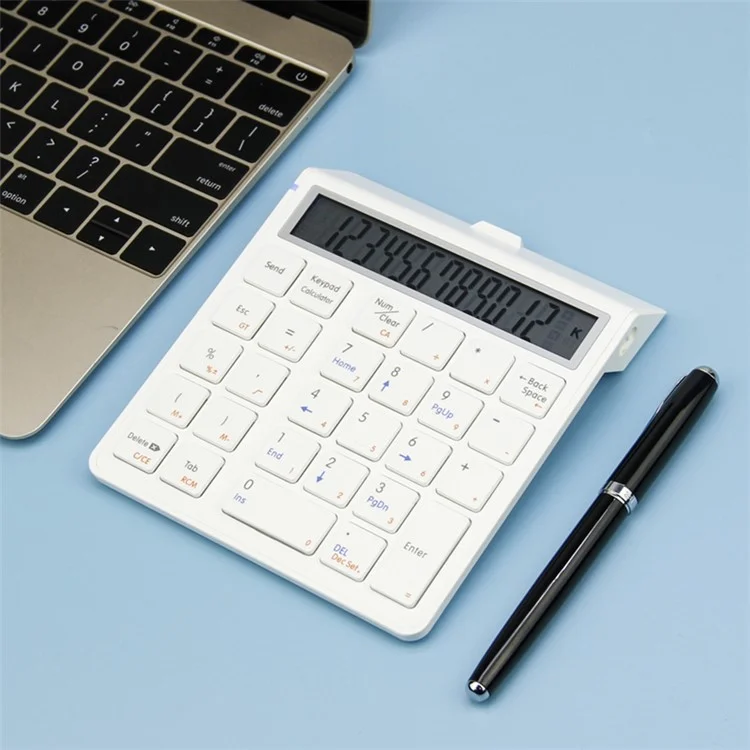 SUNREED KC9001S Wireless Numeric Keypad 12-Digit LCD Display 28-Keys Financial Accounting Rechargeable Number Keyboard for Laptop Desktop PC - White