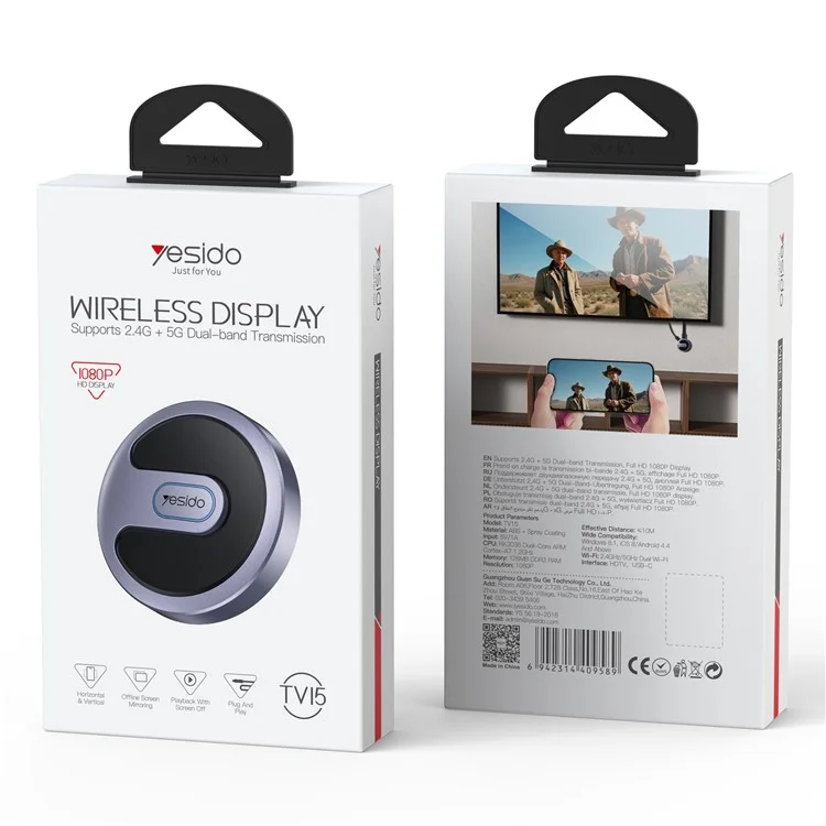 YESIDO TV15 Drahtloser Display-Adapter 2,4G / 5G WiFi Bildschirm-Spiegelungs-Dongle für Miracast / Airplay / DLNA
