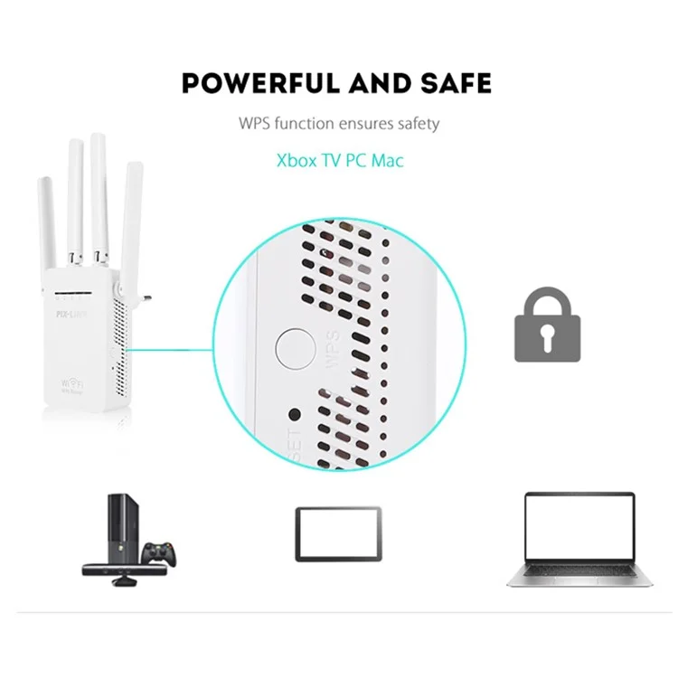 Pix-link WiFi Range Extender WiFi Signal Booster 300Mbps Internet Booster Setup Easy Setup Wireless Repeater - Plugue do Reino Unido