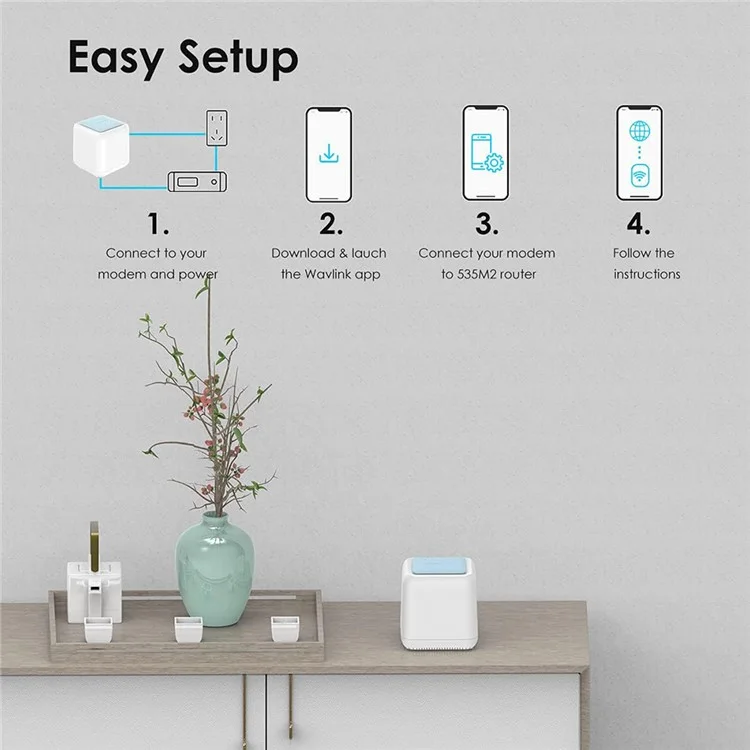 WAVLINK WS-WN535M2-C 2pcs Mesh Wireless Router 2.4G / 5.0GHz AC1200 Dual Band WiFi Signal Booster with 2pcs Power Adapter for Home Office - UK Plug