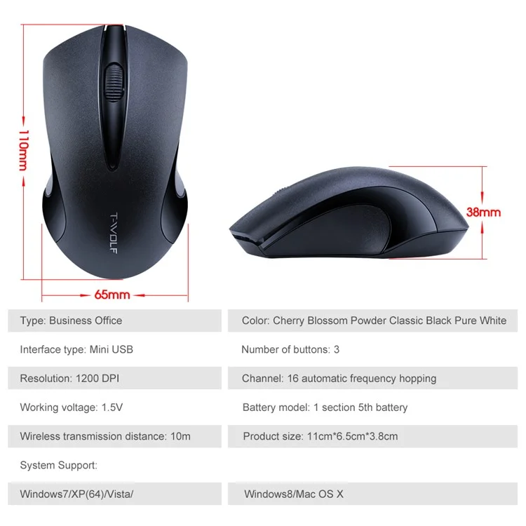 T-WOLF Q2 Portable Computer Mice for PC Notebook Laptop Wireless Mouse - Black