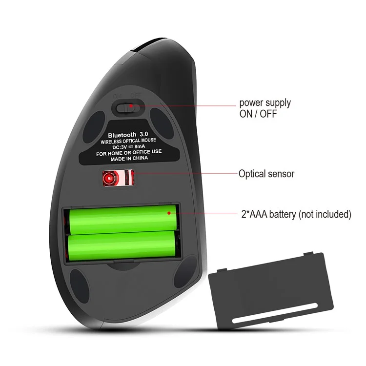 HXSJ T29 Bluetooth-compatible Wireless Vertical Ergonomic Optical Mouse Adjustable DPI Laptop Mice - Black