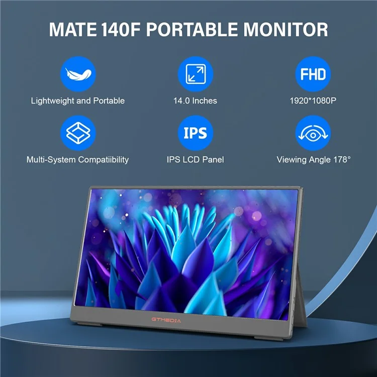 GTMEDIA Mate 140F 14-inch 1080P FHD IPS Screen Monitor for Laptop Extended Gaming Display Screen - US Plug