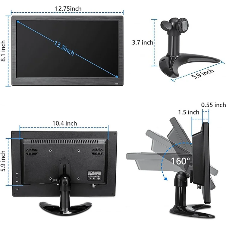 RX-103B 13.3-Inch Security Monitor 1920x1080 LED Display with Remote Control - US Plug