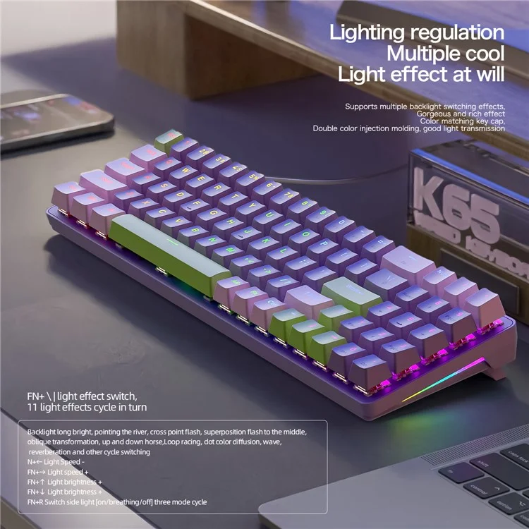 ZIYOULANG K65 78 Keys Hot Swappable Mechanical Keyboard RGB Light USB Wired Keyboard - Blue+Blue Switch