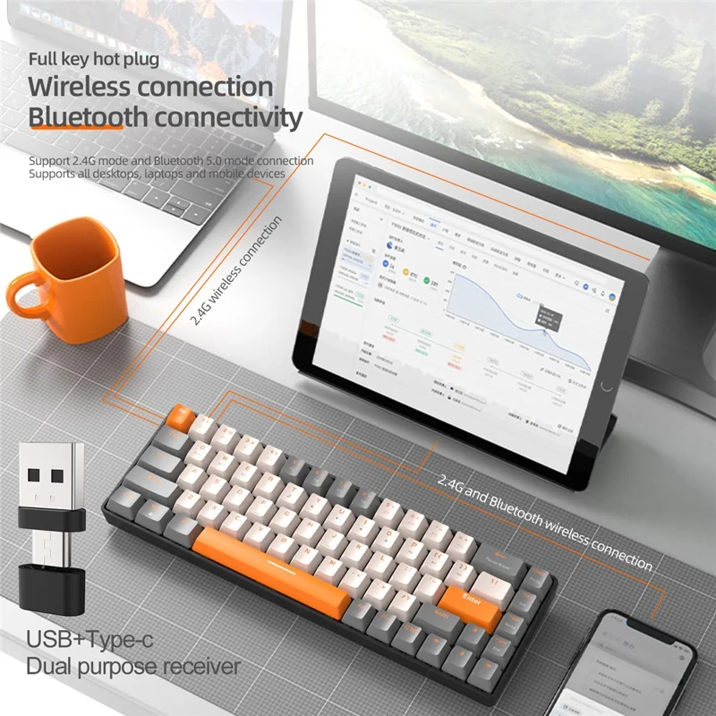 ZIYOULANG K68 Wireless Mechanical Keyboard 2.4G / Bluetooth-compatible Dual Mode 68-Key Keyboard - Business Grey+Red Switch