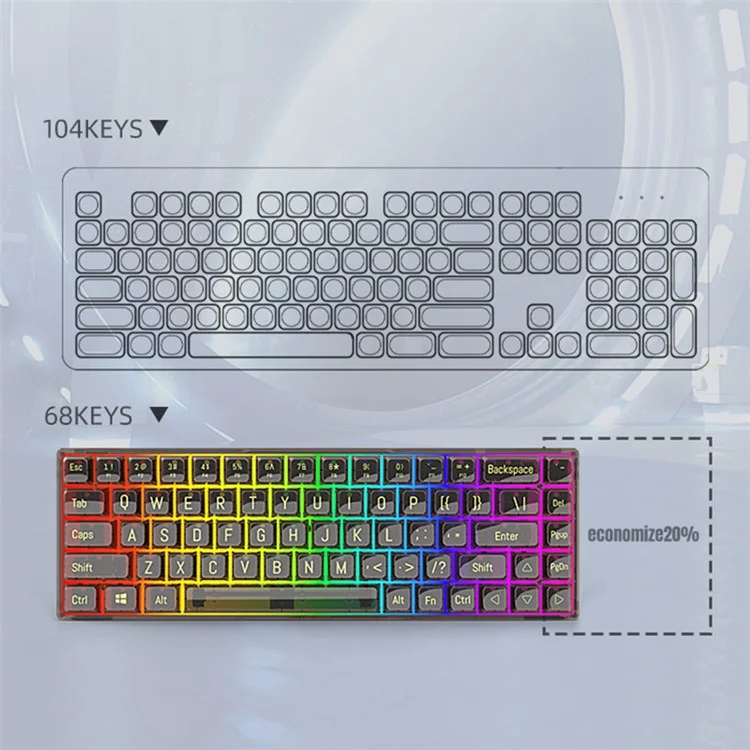 Y-FRUITFUL K60 68 Keys Type-C Wired Mechanical Keyboard RGB Light Transparent Keycaps Gaming Keyboard - Transparent White+Blue Switch