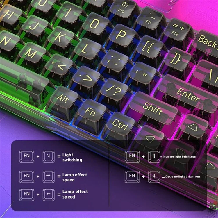 Y-FRUITFUL K60 68 Keys Type-C Wired Mechanical Keyboard RGB Light Transparent Keycaps Gaming Keyboard - Transparent White+Blue Switch