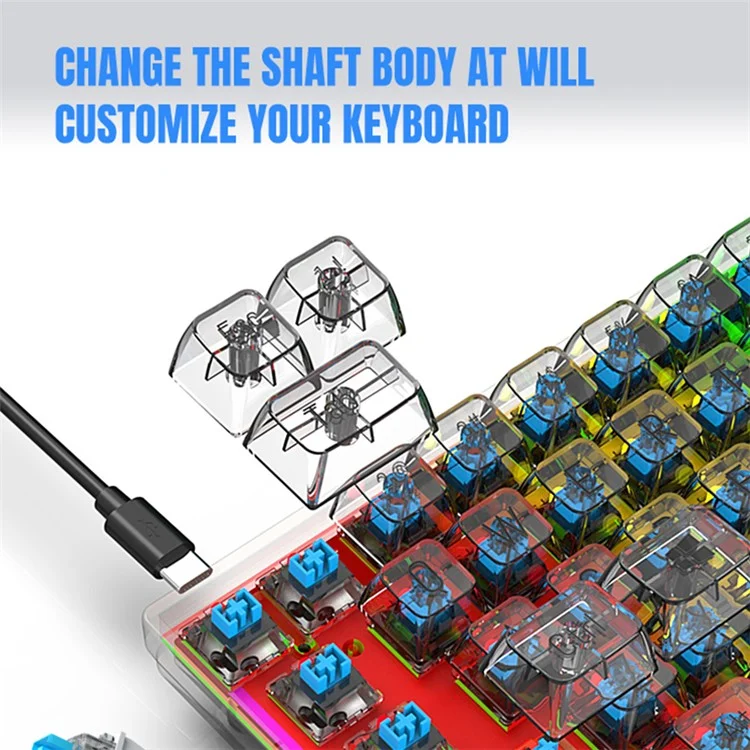 Y-FRUITFUL K60 68 Keys Type-C Wired Mechanical Keyboard RGB Light Transparent Keycaps Gaming Keyboard - Transparent White+Blue Switch