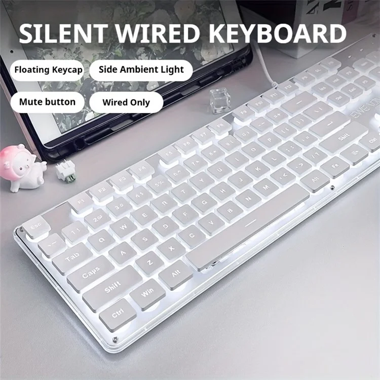EWEADN GX710 Stylish Home Office Computer Laptop Keyboard USB Kabelgebundene Leise Beleuchtete Tastatur - Weiße Beleuchtung