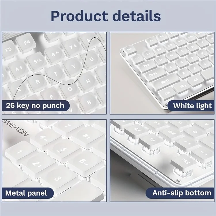 EWEADN GX710 Stylish Home Office Computer Laptop Keyboard USB Kabelgebundene Leise Beleuchtete Tastatur - Weiße Beleuchtung