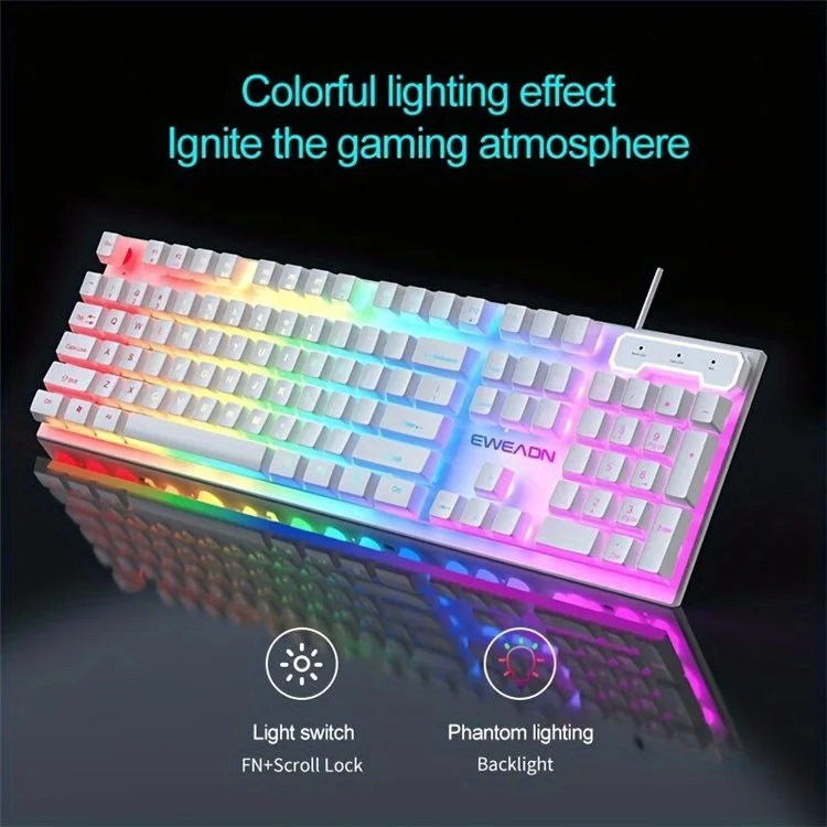 Clavier de jeu EWEADN GX330 pour ordinateur portable - Blanc / Arc-en-ciel