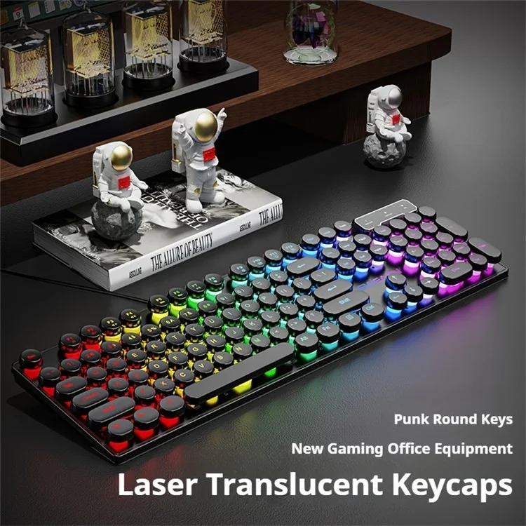 EWEADN GX30 Retro Punk Computer Laptop Keyboard USB Verkabelt Beleuchtetes Gaming-Keyboard - Schwarz / Regenbogenfarben