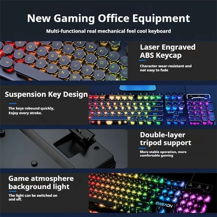 EWEADN GX30 Retro Punk Computer Laptop Keyboard USB Verkabelt Beleuchtetes Gaming-Keyboard - Schwarz / Regenbogenfarben