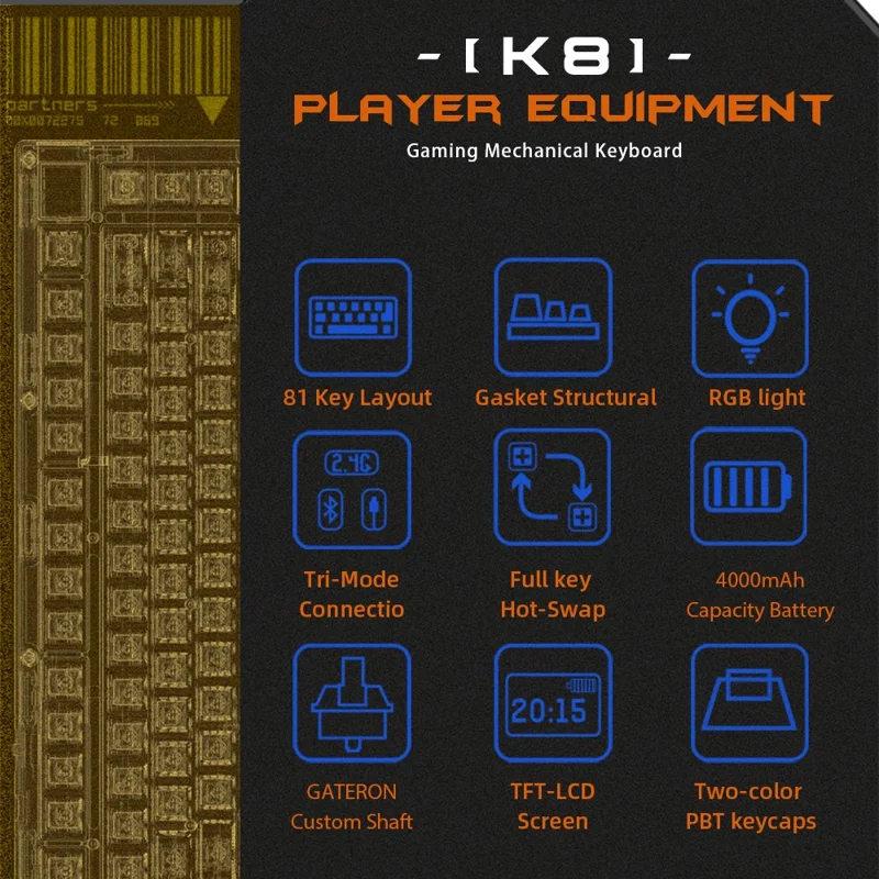 DARMOSHARK K8 Bluetooth-compatible / Wired / 2.4G Wireless Keyboard RGB Backlit Gasket Structure Mechanical Keyboard - Black