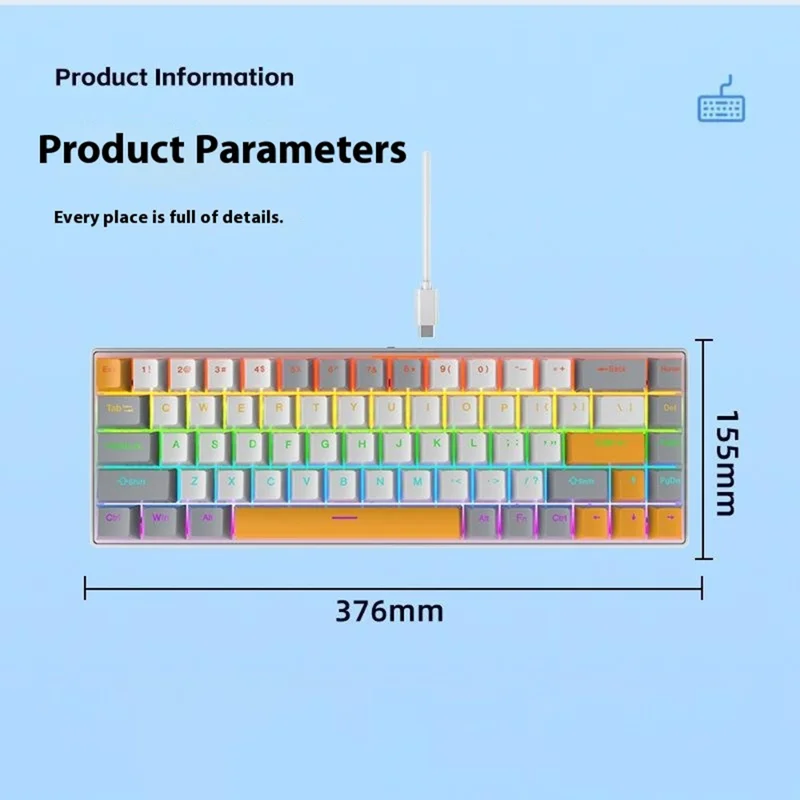 Y-FRUITFUL K68 Color Splicing Wired Keyboard 68-Key RGB Backlit Computer Office Gaming Keyboard - Yellow+Grey+White