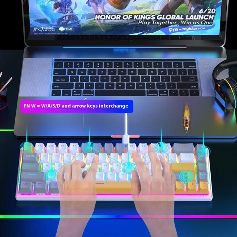 Y-FRUITFUL K68 Color Splicing Wired Keyboard 68-Key RGB Backlit Computer Office Gaming Keyboard - Yellow+Grey+White