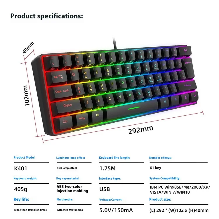 Y-fruitful K401 Wired Keyboard 61-ключ RGB Backlit Computer Office Gaming Клавиатура
