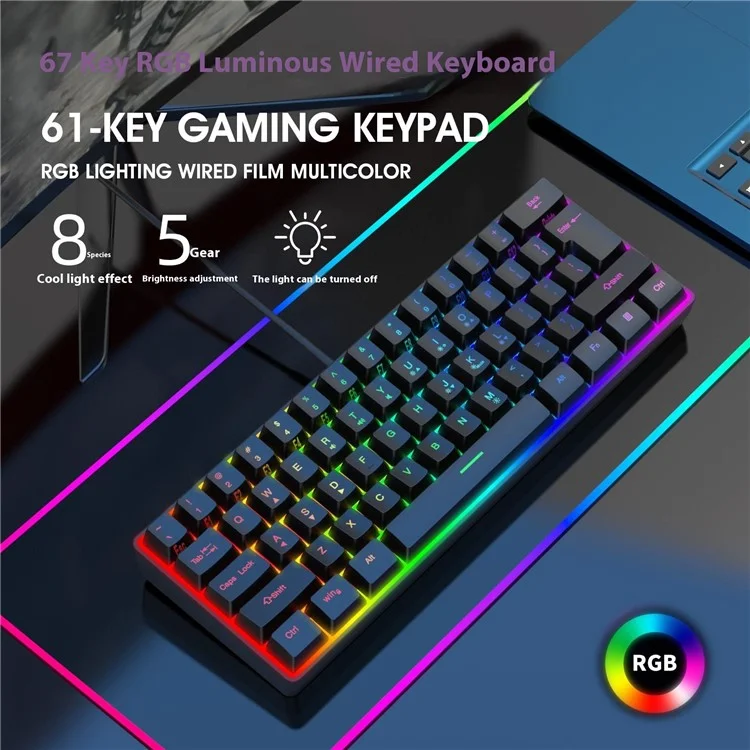 Y-fruitful K401 Wired Keyboard 61-ключ RGB Backlit Computer Office Gaming Клавиатура