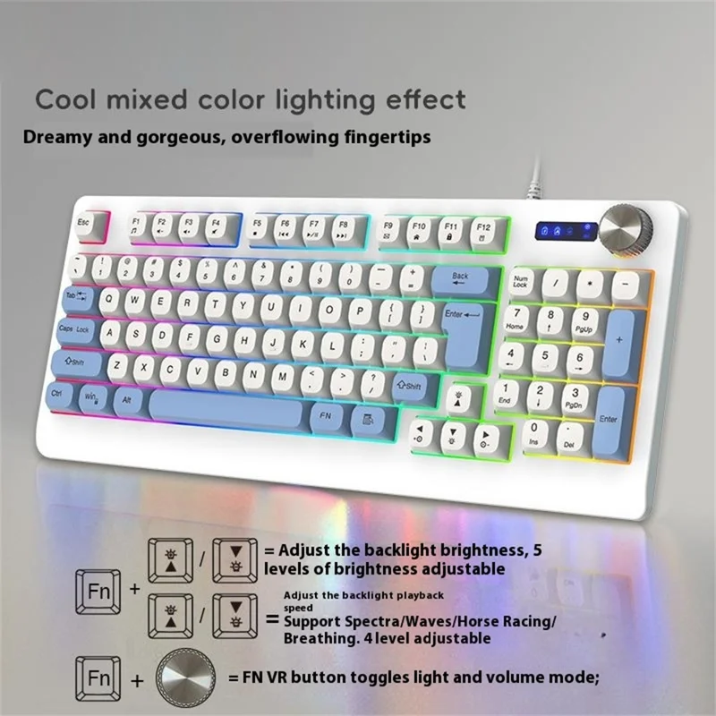 Y-FRUITFUL K93 Color Splicing Wired Keyboard 93-Key RGB Light Office Gaming Computer Keyboard - Blue+White