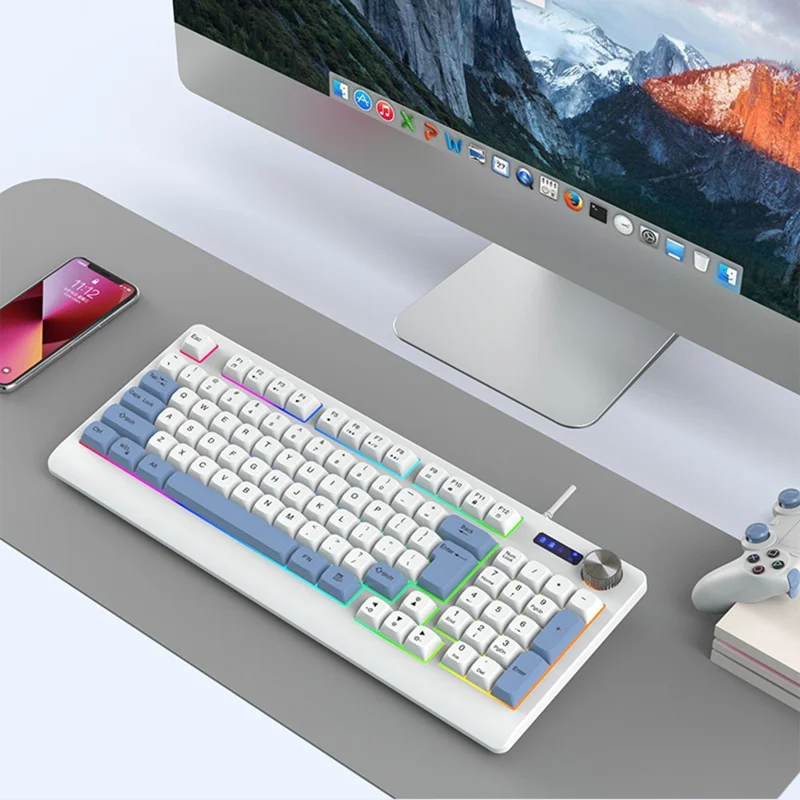 Y-FRUITFUL K93 Color Splicing Wired Keyboard 93-Key RGB Light Office Gaming Computer Keyboard - Blue+White