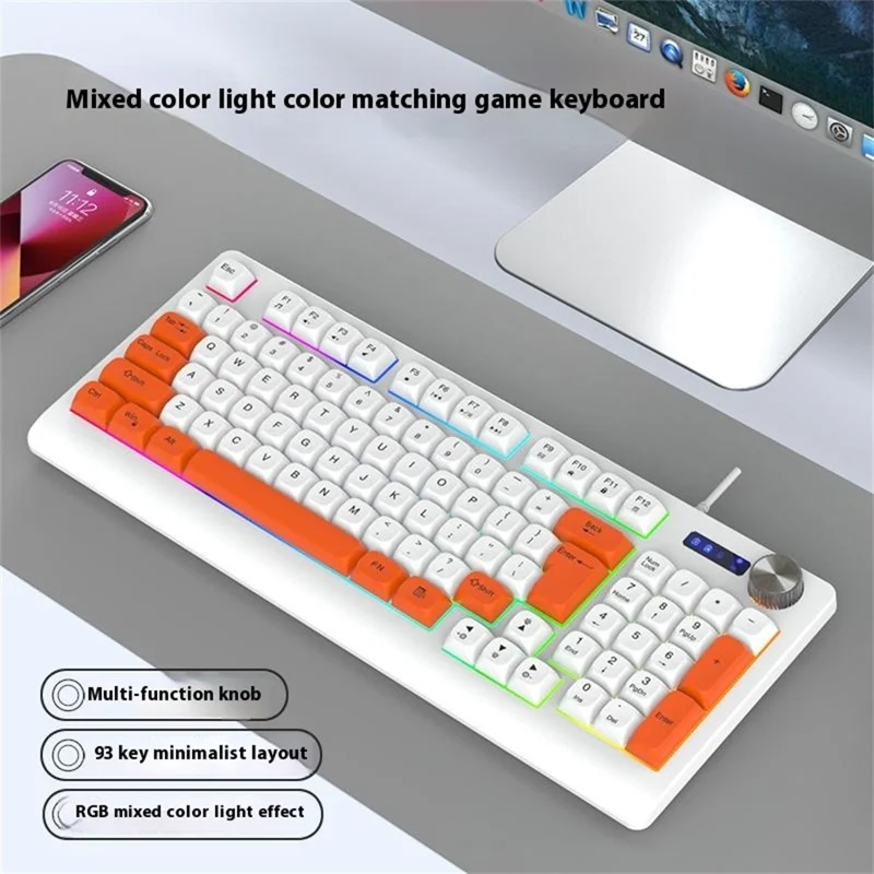 Y-FRUITFUL K93 Color Splicing Wired Keyboard 93-Key RGB Light Office Gaming Computer Keyboard - Orange+White