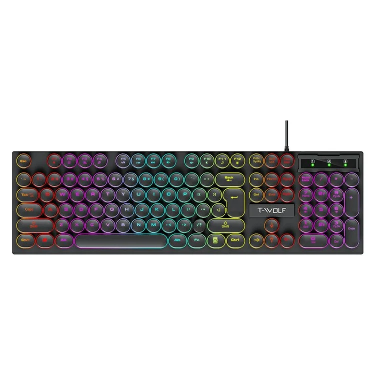 T-WOLF T80 Clavier de Jeu Mécanique Rétro Punk avec Touches Rondes, Rétroéclairage Coloré, Filaire, Noir