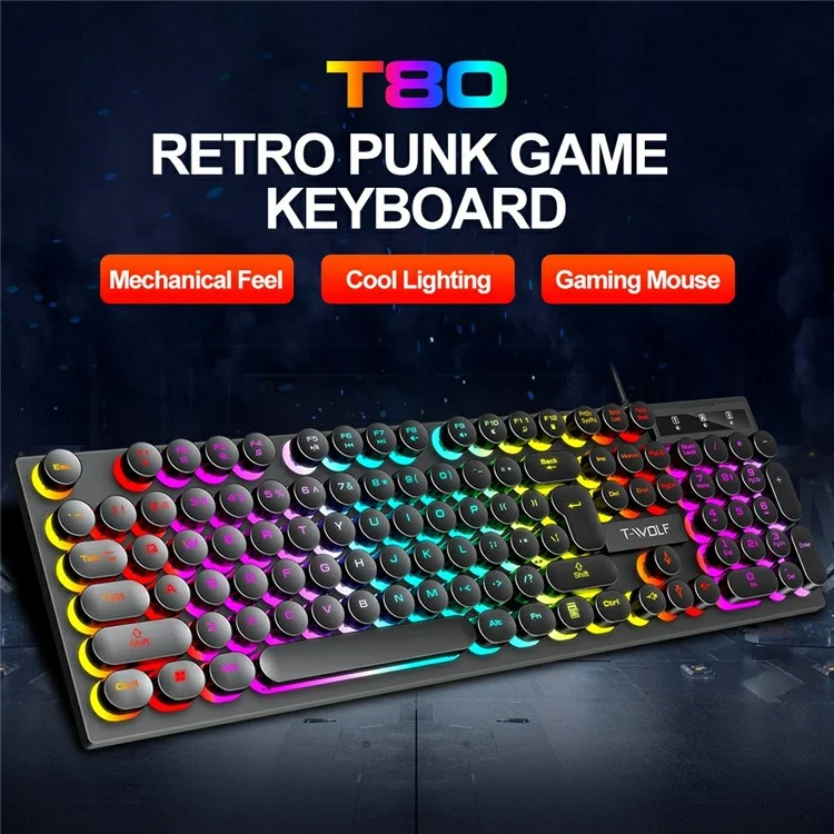 T-WOLF T80 Clavier de Jeu Mécanique Rétro Punk avec Touches Rondes, Rétroéclairage Coloré, Filaire, Noir