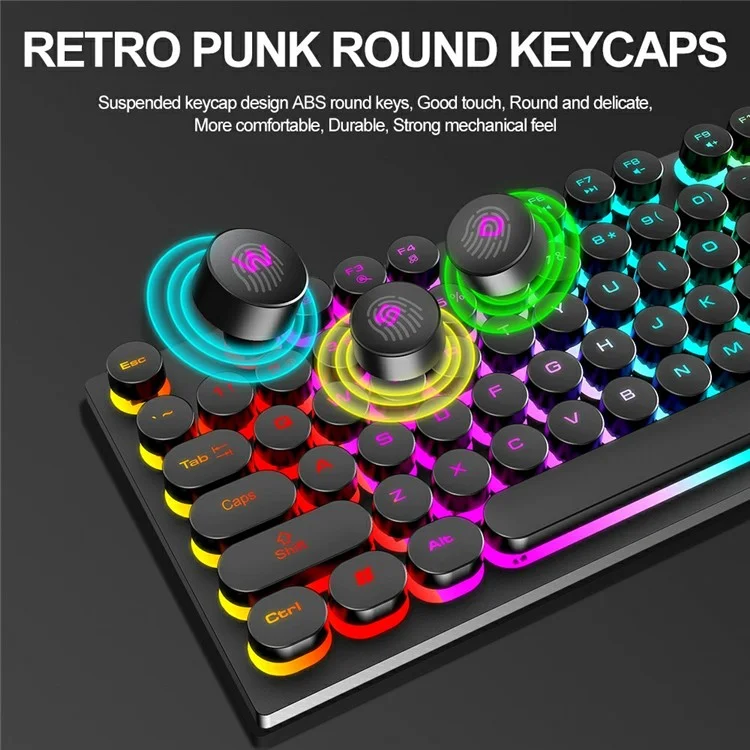 T-WOLF T80 Clavier de Jeu Mécanique Rétro Punk avec Touches Rondes, Rétroéclairage Coloré, Filaire, Noir