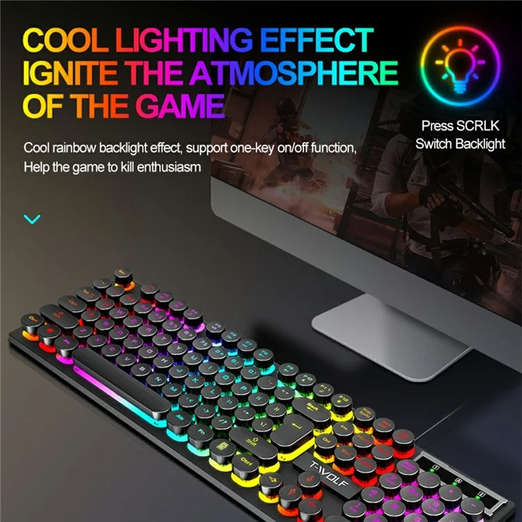 T-WOLF T80 Clavier de Jeu Mécanique Rétro Punk avec Touches Rondes, Rétroéclairage Coloré, Filaire, Noir