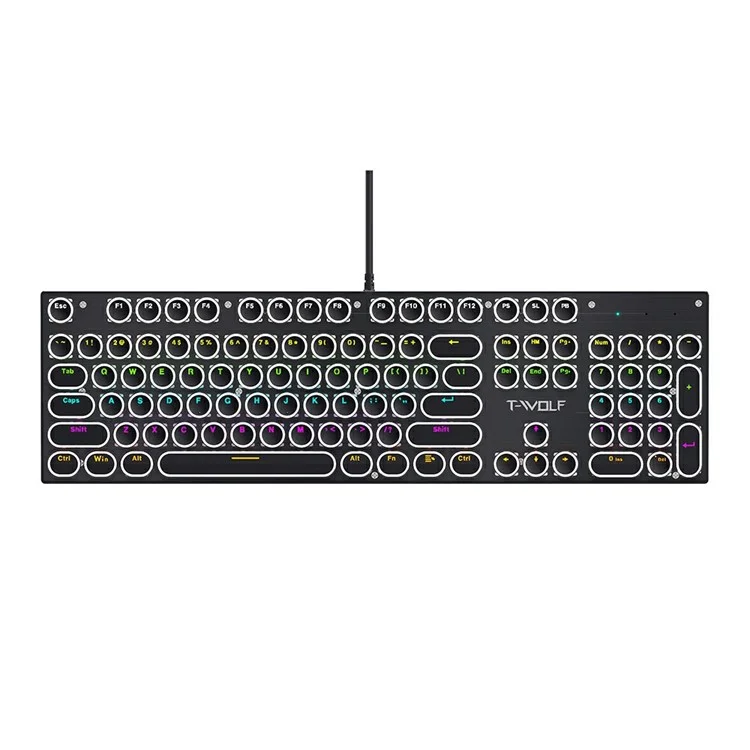 T-WOLF T75 Electroplated Punk 104 Keys Mechanical Gaming Keyboard with RGB Backlit USB Wired Keyboard - Black