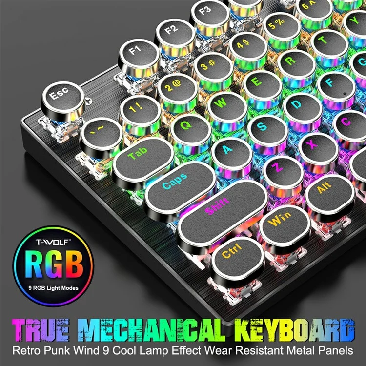 T-WOLF T75 Electroplated Punk 104 Keys Mechanical Gaming Keyboard with RGB Backlit USB Wired Keyboard - Black