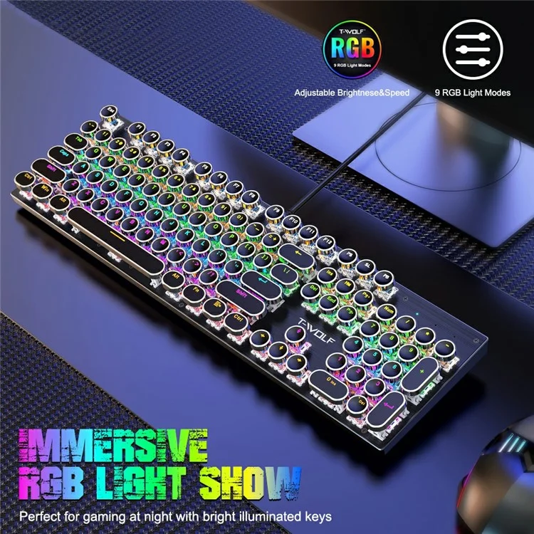 T-WOLF T75 Electroplated Punk 104 Keys Mechanical Gaming Keyboard with RGB Backlit USB Wired Keyboard - Black