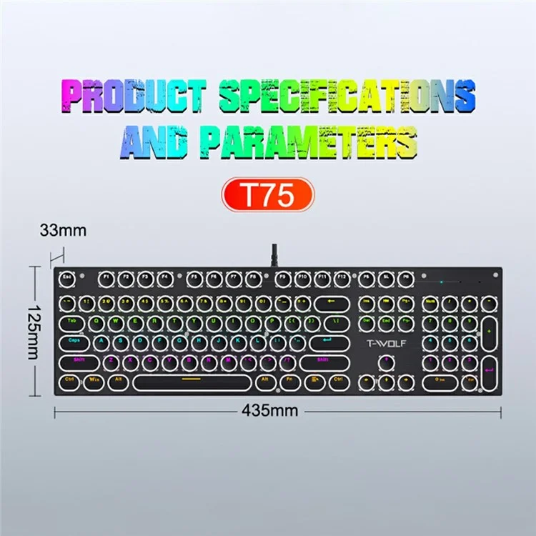 T-WOLF T75 Electroplated Punk 104 Keys Mechanical Gaming Keyboard with RGB Backlit USB Wired Keyboard - Black