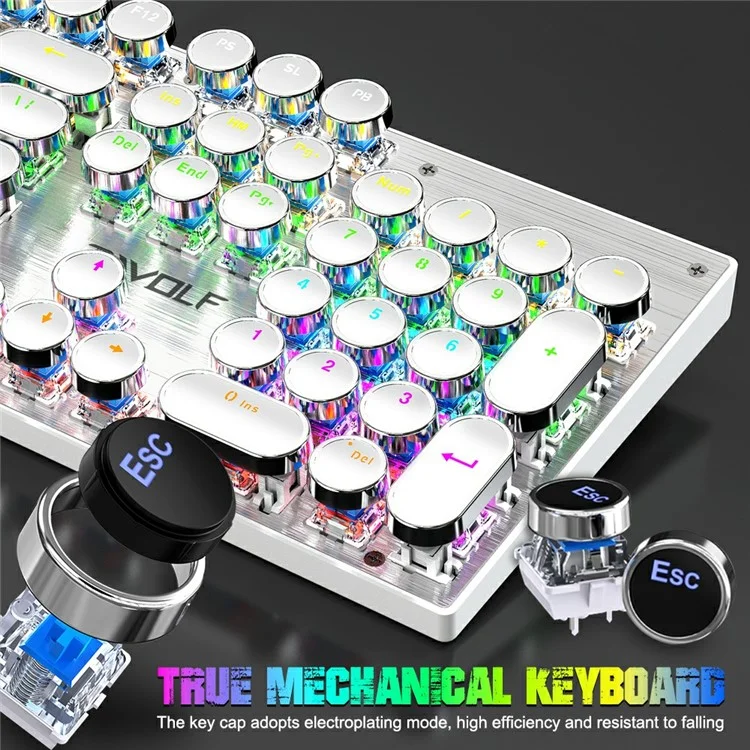 T-WOLF T75 Electroplated Punk 104 Keys Mechanical Gaming Keyboard with RGB Backlit USB Wired Keyboard - White