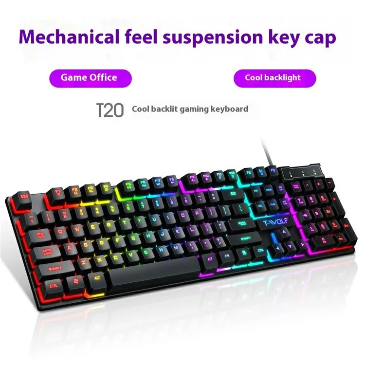 T-WOLF T20 Clavier de Jeu Mécanique Filaire USB avec Rétroéclairage Coloré Ergonomique