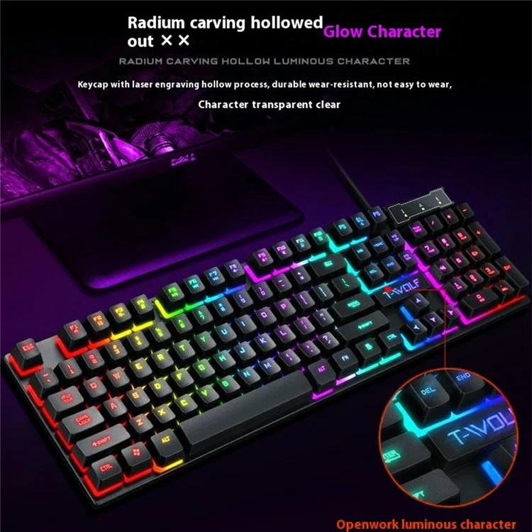 T-WOLF T20 Clavier de Jeu Mécanique Filaire USB avec Rétroéclairage Coloré Ergonomique