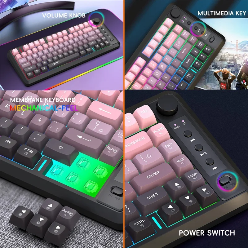 HXSJ L400 81 Keys Membrane Keyboard 2.4G + Bluetooth-compatible Tri-Mode Wireless Keyboard with RGB Backlit - Black / Pink Gradient