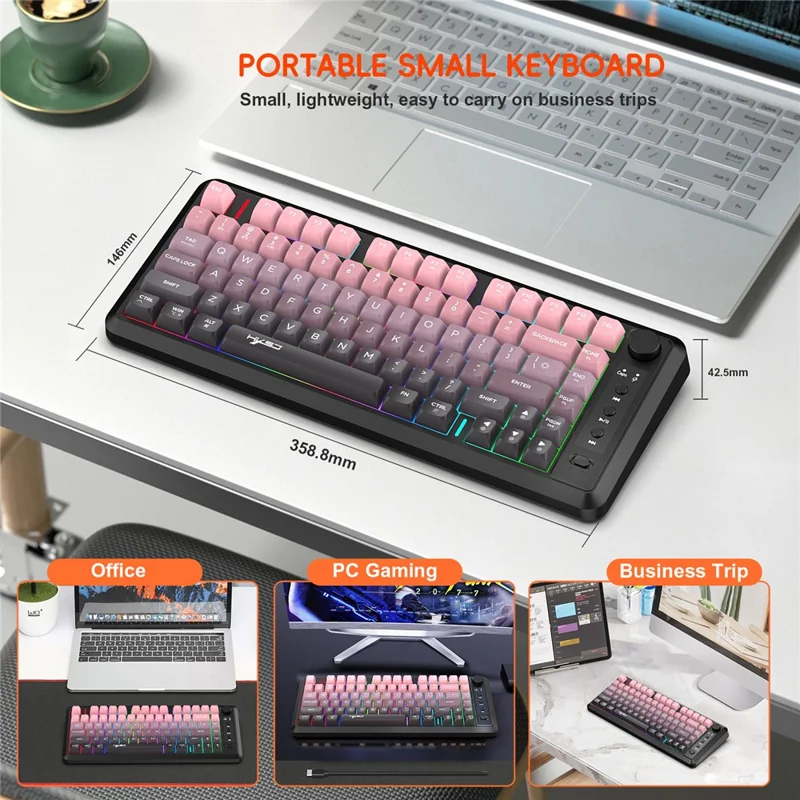 HXSJ L400 81 Keys Membrane Keyboard 2.4G + Bluetooth-compatible Tri-Mode Wireless Keyboard with RGB Backlit - Black / Pink Gradient
