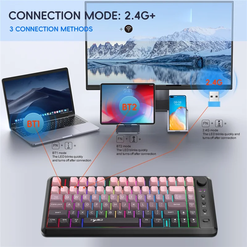 HXSJ L400 81 Keys Membrane Keyboard 2.4G + Bluetooth-compatible Tri-Mode Wireless Keyboard with RGB Backlit - Black / Pink Gradient