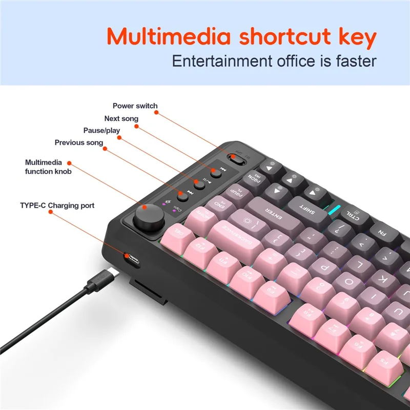 HXSJ L400 81 Keys Membrane Keyboard 2.4G + Bluetooth-compatible Tri-Mode Wireless Keyboard with RGB Backlit - Black / Pink Gradient