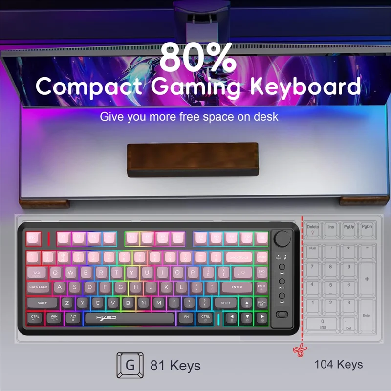 HXSJ L400 81 Keys Membrane Keyboard 2.4G + Bluetooth-compatible Tri-Mode Wireless Keyboard with RGB Backlit - Black / Pink Gradient