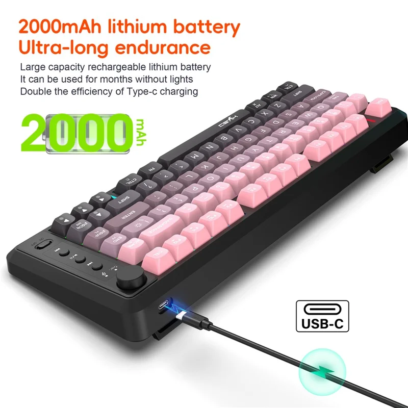 HXSJ L400 81 Keys Membrane Keyboard 2.4G + Bluetooth-compatible Tri-Mode Wireless Keyboard with RGB Backlit - Black / Pink Gradient