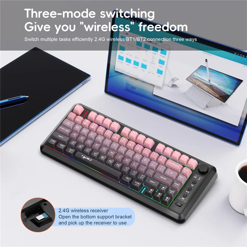 HXSJ L400 81 Keys Membrane Keyboard 2.4G + Bluetooth-compatible Tri-Mode Wireless Keyboard with RGB Backlit - Black / Pink Gradient