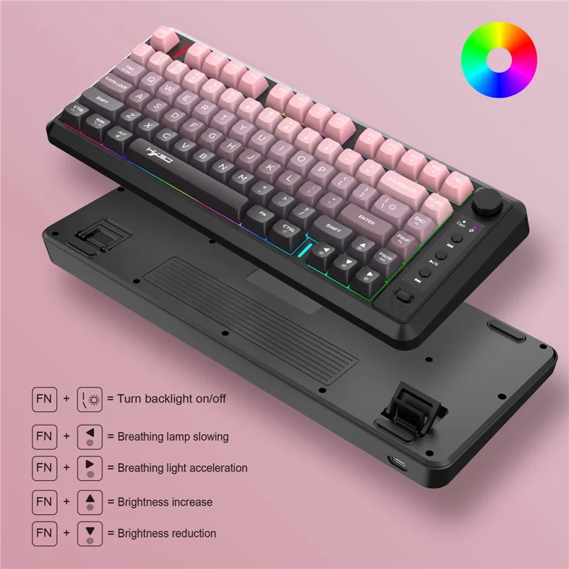 HXSJ L400 81 Keys Membrane Keyboard 2.4G + Bluetooth-compatible Tri-Mode Wireless Keyboard with RGB Backlit - Black / Pink Gradient